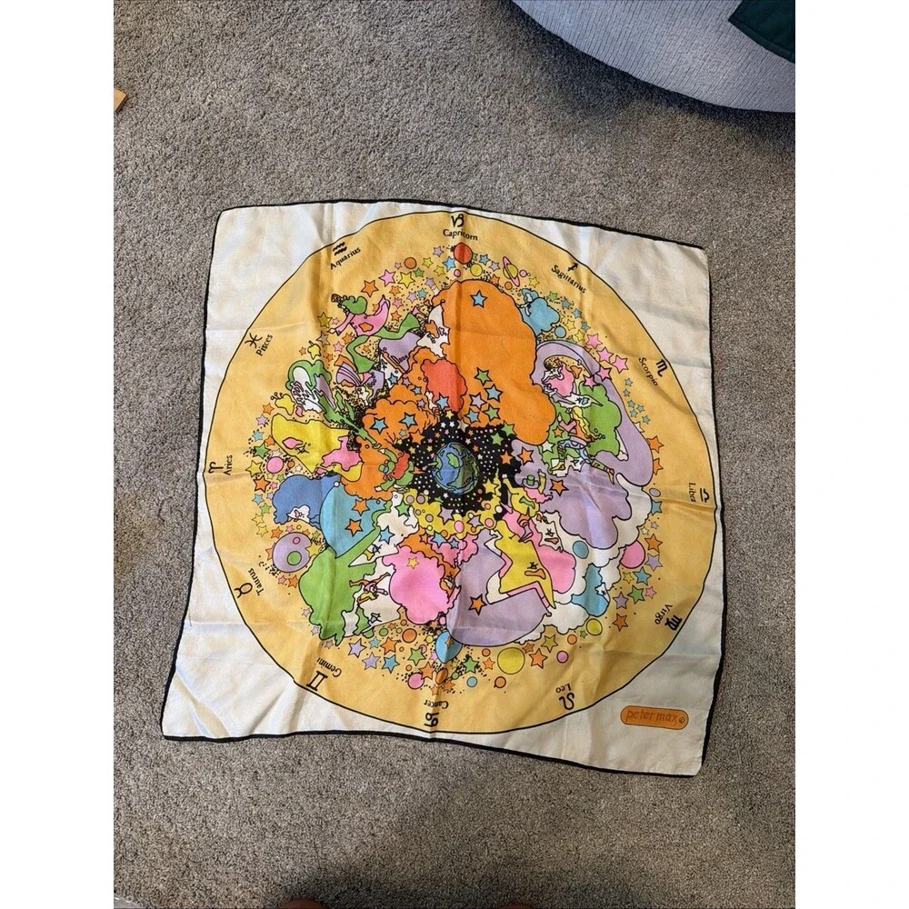 Vtg Peter Max Zodiac Astrology Silk Scarf 21x21” 60s Psychedelic Retro Hippie